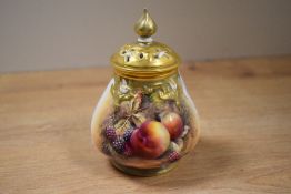 A Royal Worcester hand-decorated bone china lidded potpourri, having a pierced finial topped cover