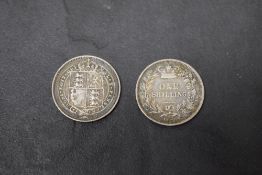 Two Queen Victoria Silver Shillings, 1875 Young Head with Die Number 63 and 1887 Jubilee Head