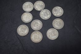 Ten GB Silver Shillings, George V 1932, 1933, 1935, 1936 x4, George VI 1937, 1941, 1944, all in good