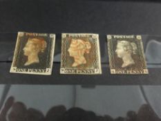 GB 1840 QUEEN VICTORIA TRIO OF ID BLACKS IN CARD - ALL USED Card with 3 penny blacks. Value to