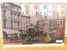 GB 2002 150th ANN OF LETTER BOX FDC, WITH 1865 GOLD SOVEREIGN ENCAPSULATED Westminster/Mecury
