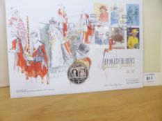 ISLE OF MAN & GUERNSEY, 2001 QEII GOLDEN JUBILEE FDC WITH SILVER £5 COIN ENCAPSULATED IOM cover