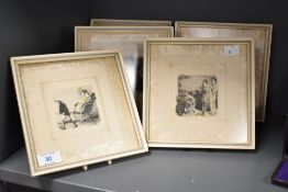 A set of Japanese silk prints depicting Geisha Girls, (5)