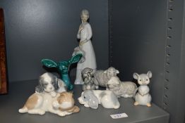 A porcelain figurine of a lady in dress, h24cm, sold together with a Neo dog figure and two