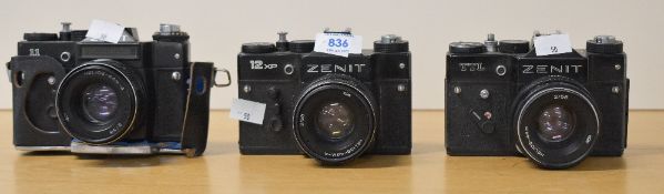 Three Zenit cameras, 11, TTL and 12XP, all with Helios 44 58mm f2 lenses. Lenses are sort after