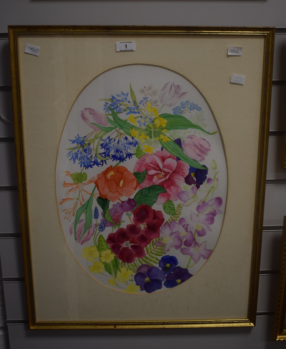 Artist unknown, 20th century oval watercolour, colourful study of flowers, within a card mount and - Image 2 of 4