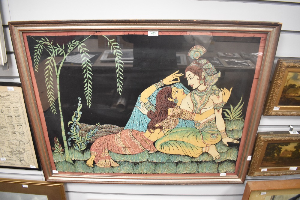 A large Bengal polychrome batik on material depicting Radha and Krishna within a landscape, marked - Image 2 of 2