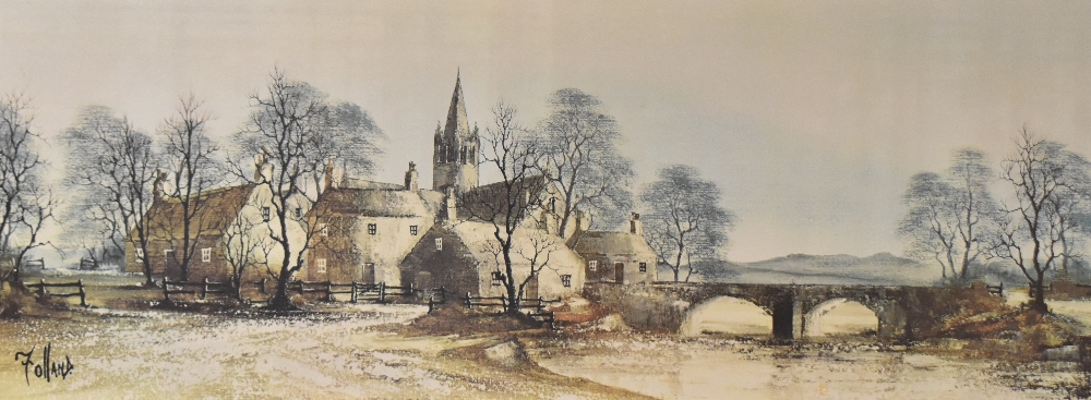 After Ronald Folland (British 1932-1999) A quaint village scene featuring cottages, church and