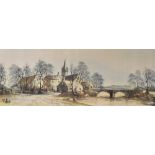 After Ronald Folland (British 1932-1999) A quaint village scene featuring cottages, church and