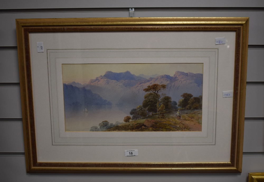 A 19th century English school lake scene watercolour, with female figure, sailing boats and - Image 2 of 5