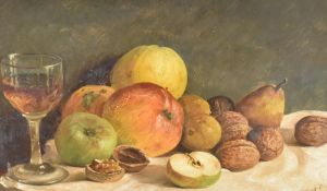 E Coulthorne (British 19th century) oil on board, still life study of Fruit, nuts and a glass of
