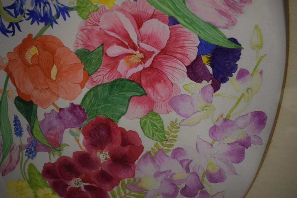 Artist unknown, 20th century oval watercolour, colourful study of flowers, within a card mount and - Image 3 of 4