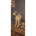 An early 20th century English school oil on canvas, Foxhound within a stable setting, unsigned,