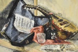 D.J Collier (British contemporary) Oil on paper, a still life depicting a mandolin, sheet music