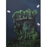 A pair of artworks on board, an other worldly portrait in greens, initialled and dated lower