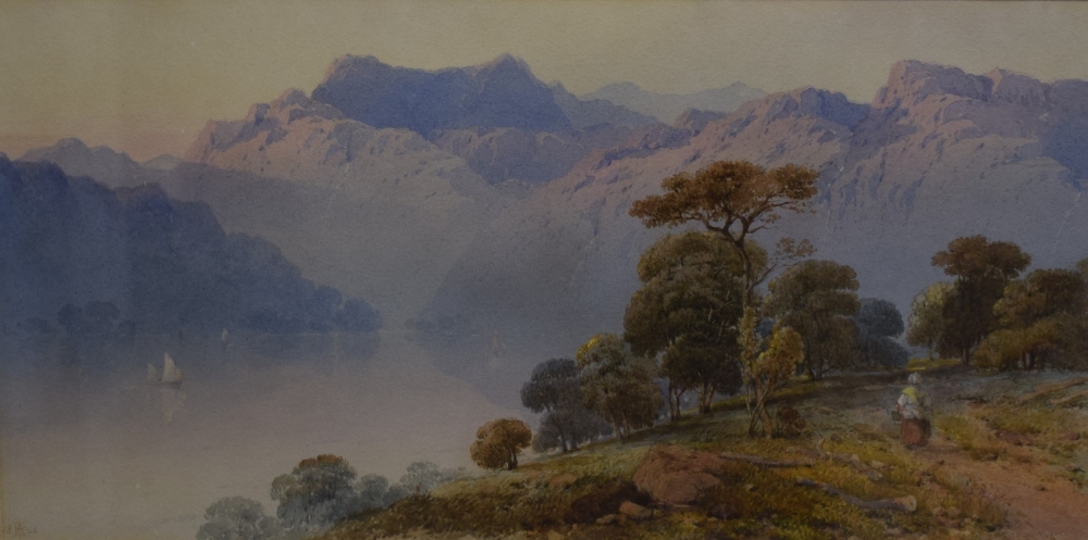 A 19th century English school lake scene watercolour, with female figure, sailing boats and