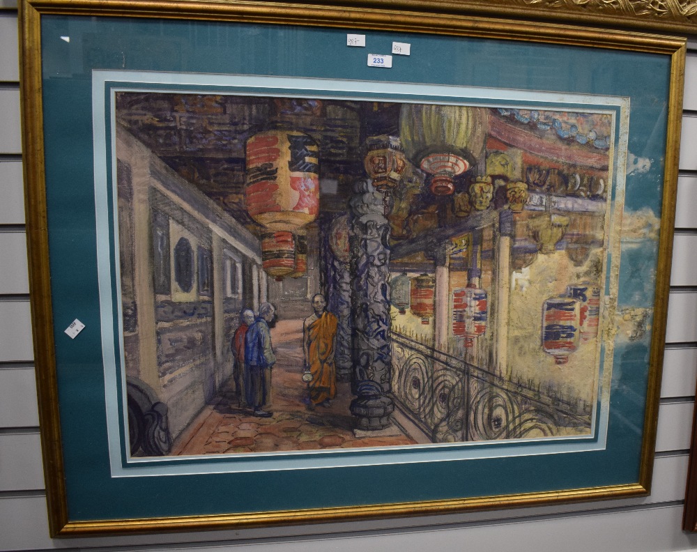 Artist unknown, an interesting 20th century watercolour, thought to be a Taiwan/Taipei Temple with - Image 2 of 4