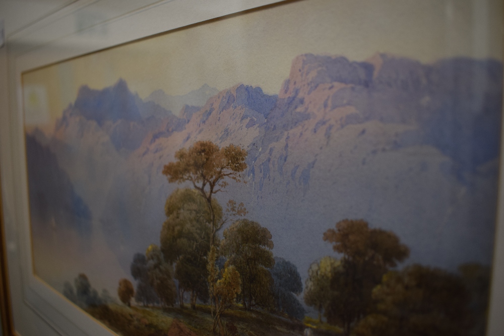 A 19th century English school lake scene watercolour, with female figure, sailing boats and - Image 4 of 5