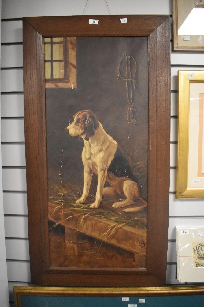 An early 20th century English school oil on canvas, Foxhound within a stable setting, unsigned, - Image 2 of 4