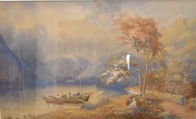 20th Century watercolour, artist unknown, a continental mountain lake with sail boat and horse