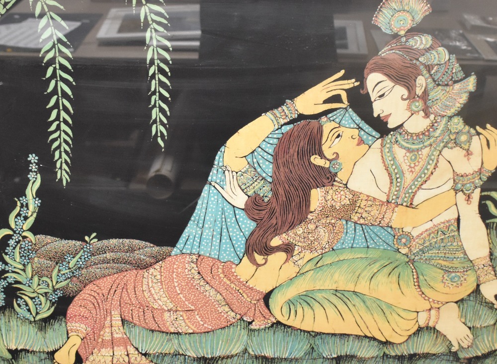 A large Bengal polychrome batik on material depicting Radha and Krishna within a landscape, marked