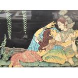 A large Bengal polychrome batik on material depicting Radha and Krishna within a landscape, marked