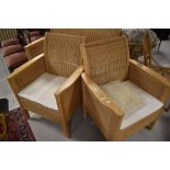 A nice quality modern beech and wicker three piece suite, settee width approx. 134cm