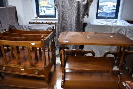 A reproduction Regency style canterbury magazine rack and a magazine table