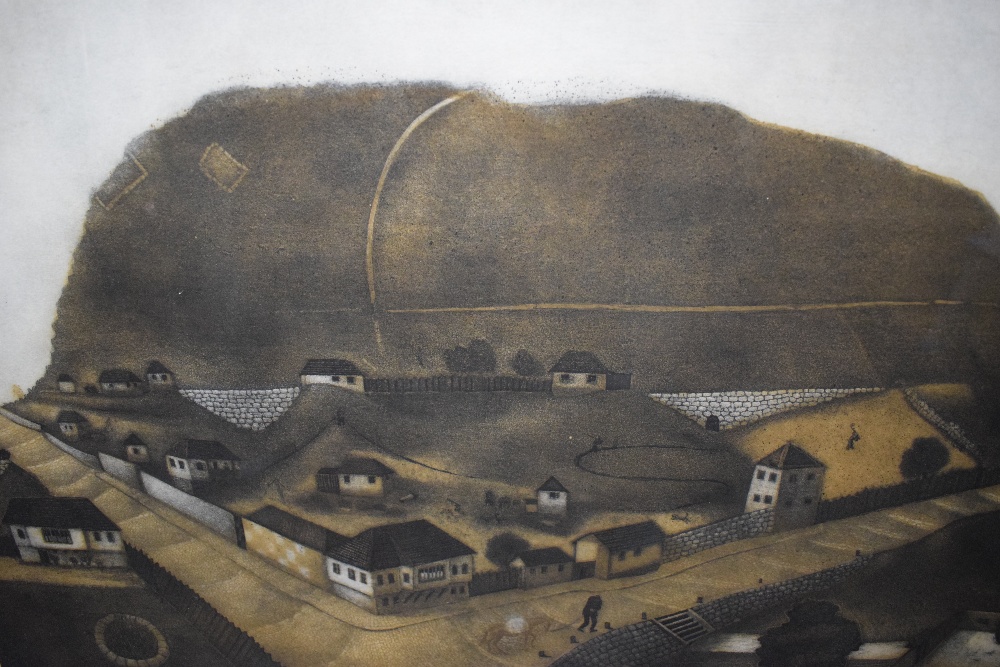 After Emir Dragulj (Bosnian 1939 - 2002) Aquatint/etching 'Veliko Brdo' an interesting scene - Image 3 of 8