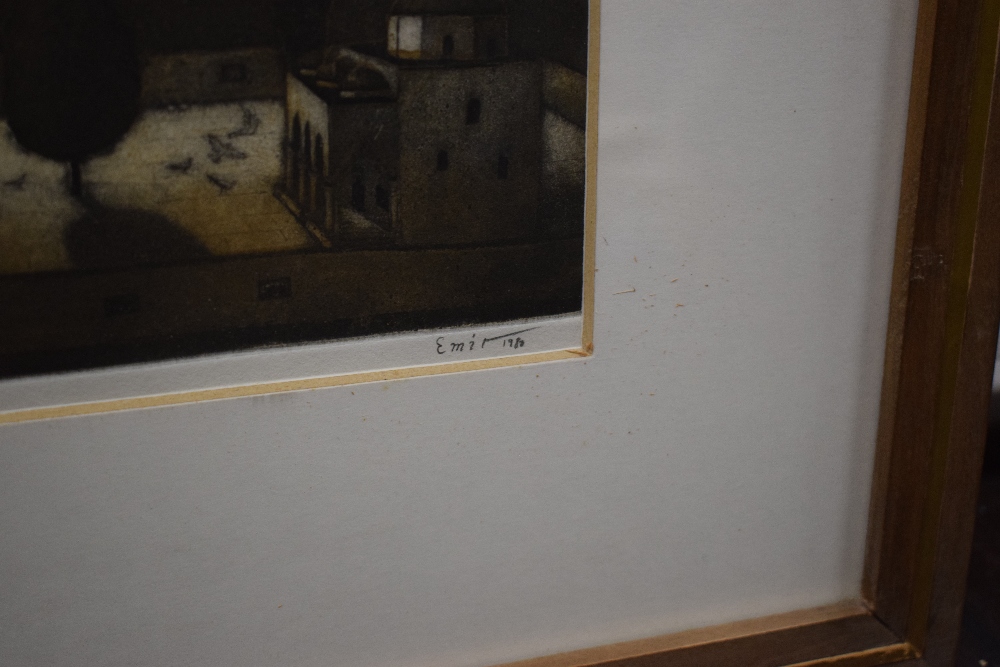 After Emir Dragulj (Bosnian 1939 - 2002) Aquatint/etching 'Veliko Brdo' an interesting scene - Image 4 of 8