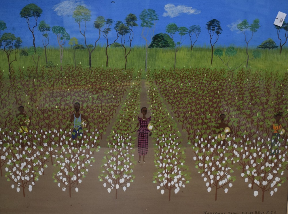 Ramedane Jiru (20th Century) Acrylic on paper, a vibrant African harvest scene, signed and dated (