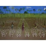 Ramedane Jiru (20th Century) Acrylic on paper, a vibrant African harvest scene, signed and dated (