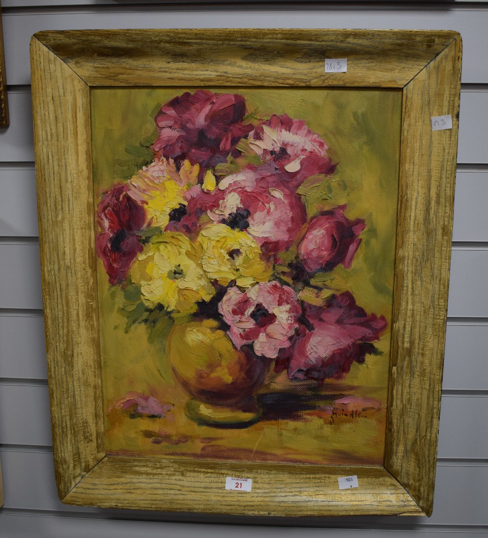 James Brindle (British 1893 - 1977) impasto oil on board, depicting a vase of flowers in pinks and - Image 2 of 5