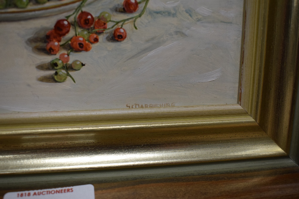 Stephen J. Darbishire (British b1940) oil on board, still life study of redcurrants, signed lower - Image 4 of 5