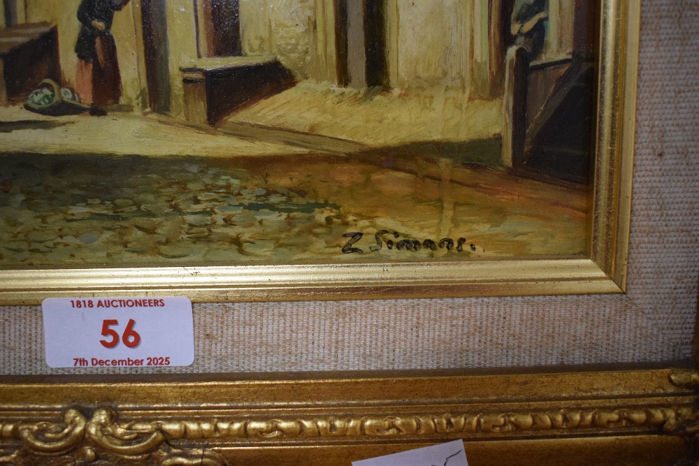 Zim Simons (Dutch 20th Century) oil on board street scene with figures, signed lower right, artist - Image 4 of 6