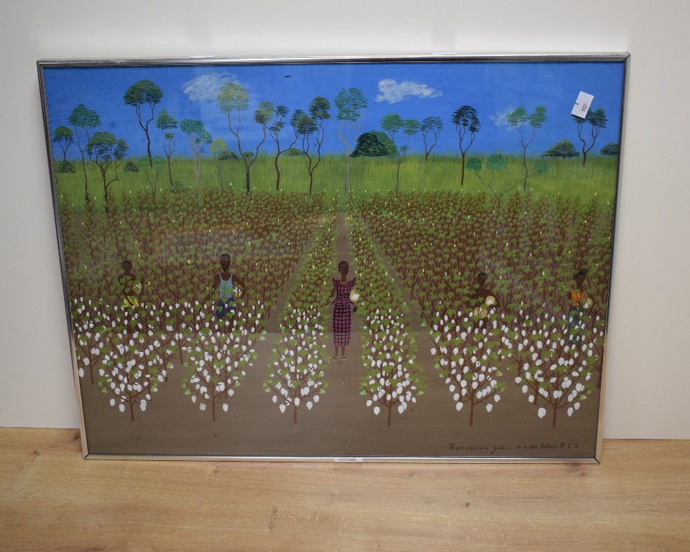 Ramedane Jiru (20th Century) Acrylic on paper, a vibrant African harvest scene, signed and dated ( - Image 2 of 5