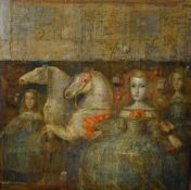 Mersad Berber (Bosnian 1940 - 2012) Mixed media on canvas, a surreal piece depicting horses and