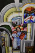 Claire Barry (contemporary) acrylic on board, colourful ecclesiastical study, unsigned, within a