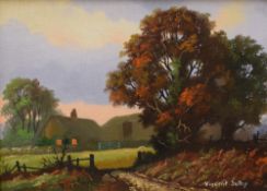 Vincent Selby (British 1919 - 2004) Oil on board, a view of a farm house at dusk in Autumn, signed