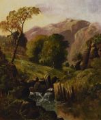 A 19th/20th Century oil on canvas, depicting a British mountain landscape with river and fisherman