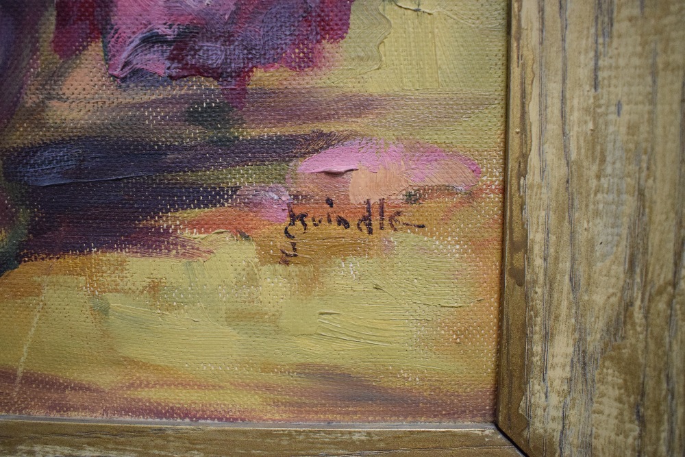 James Brindle (British 1893 - 1977) impasto oil on board, depicting a vase of flowers in pinks and - Image 3 of 5