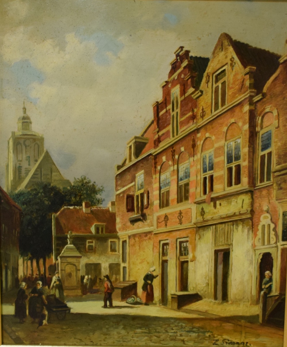 Zim Simons (Dutch 20th Century) oil on board street scene with figures, signed lower right, artist
