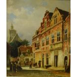 Zim Simons (Dutch 20th Century) oil on board street scene with figures, signed lower right, artist