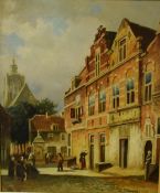 Zim Simons (Dutch 20th Century) oil on board street scene with figures, signed lower right, artist