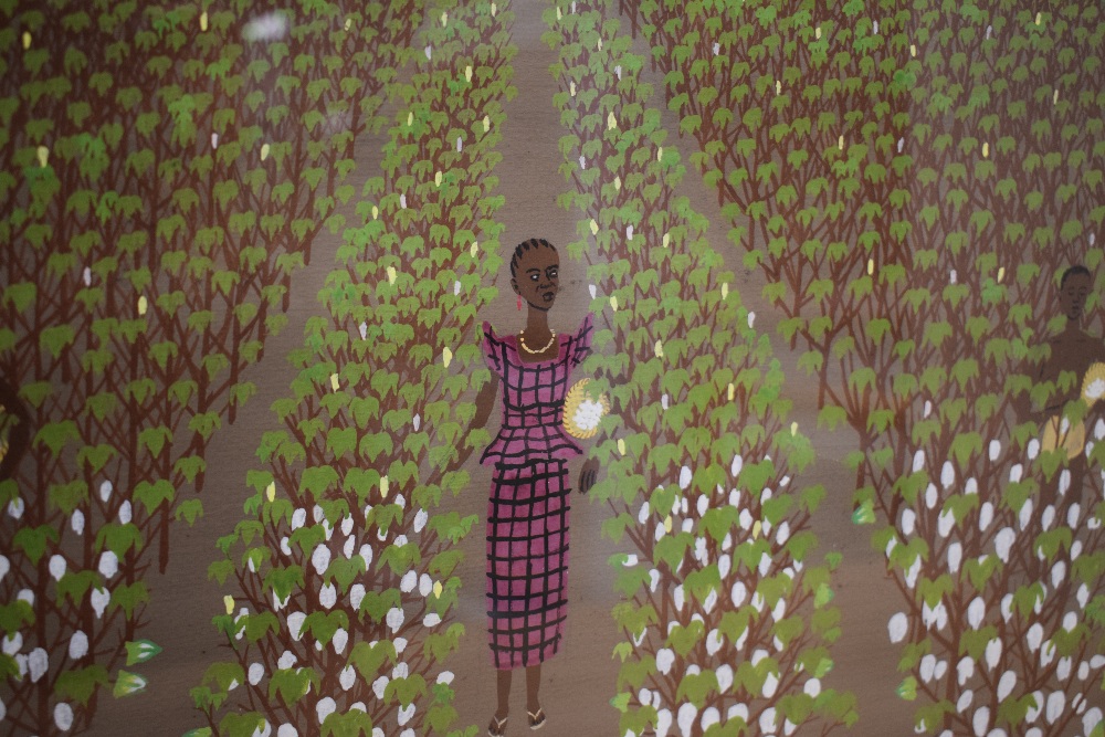 Ramedane Jiru (20th Century) Acrylic on paper, a vibrant African harvest scene, signed and dated ( - Image 4 of 5