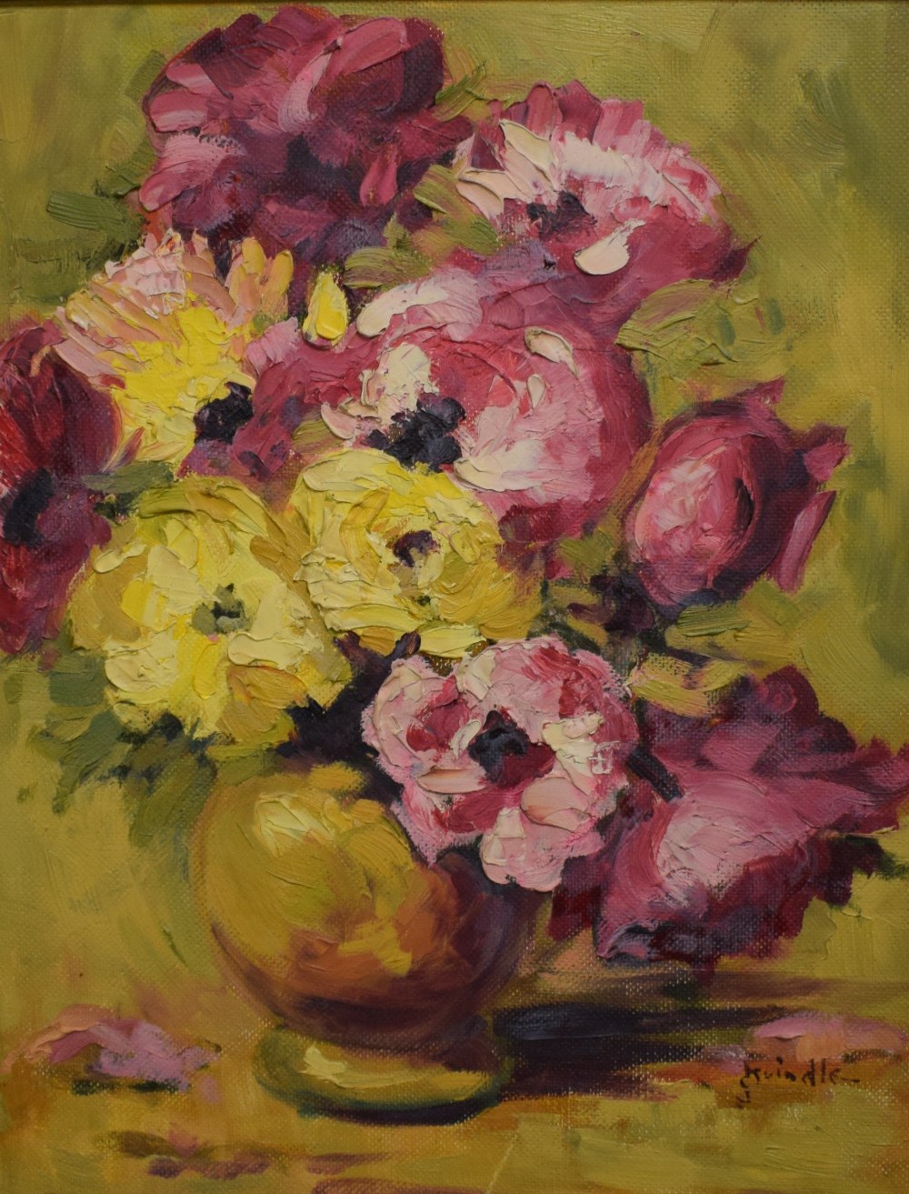 James Brindle (British 1893 - 1977) impasto oil on board, depicting a vase of flowers in pinks and