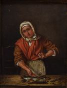 A small 19th century type oil on board/panel, a continental woman preparing fish, unsigned, within a