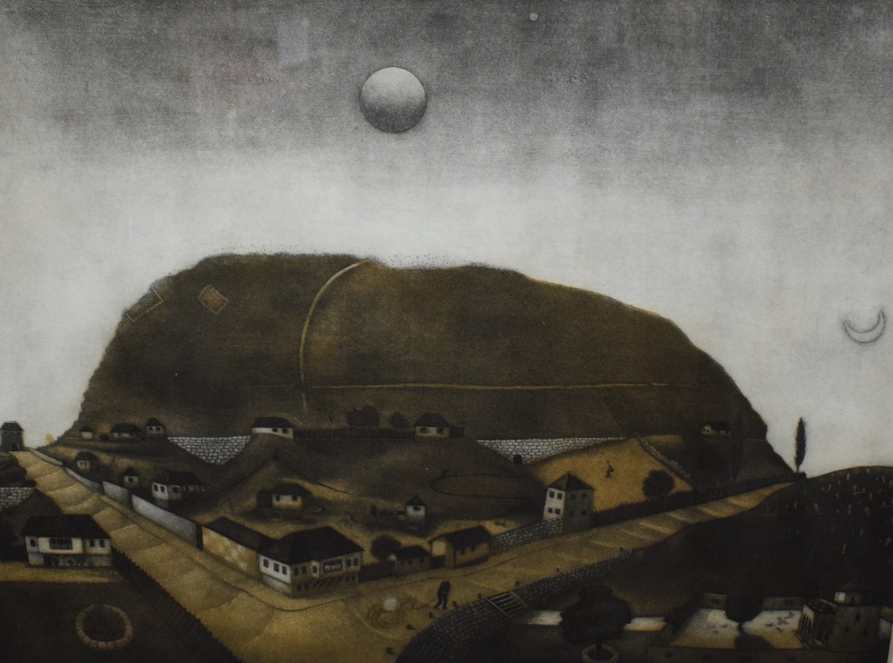 After Emir Dragulj (Bosnian 1939 - 2002) Aquatint/etching 'Veliko Brdo' an interesting scene