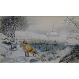 S Marsh (20th Century) watercolour, an accomplished winter landscape depicting a fox beside a frozen