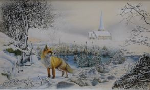 S Marsh (20th Century) watercolour, an accomplished winter landscape depicting a fox beside a frozen